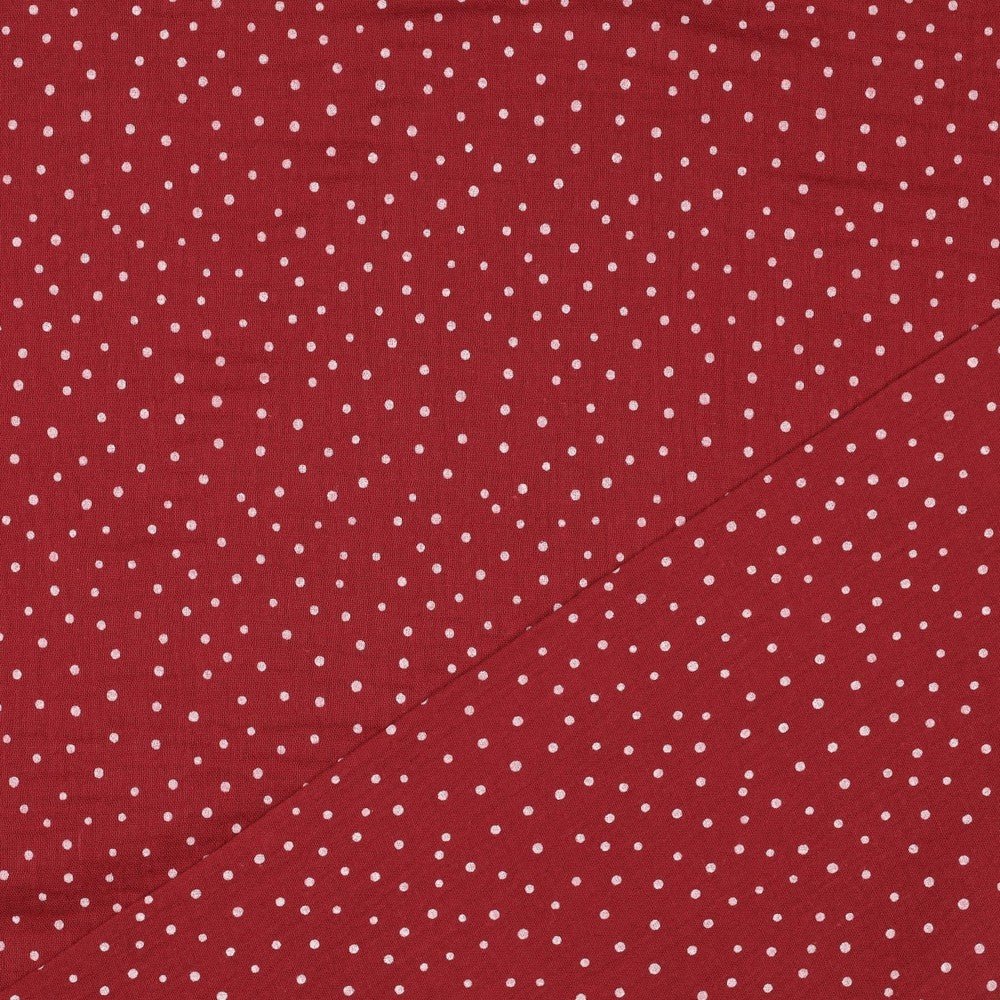 Image of Muslin - dots on a dark red background 125 g/m² – available at Šarlotes audumi