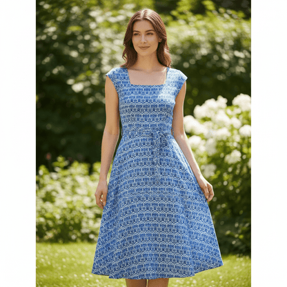 Image of muslin - blue geometric pattern 130 g/m² – available at Šarlotes audumi