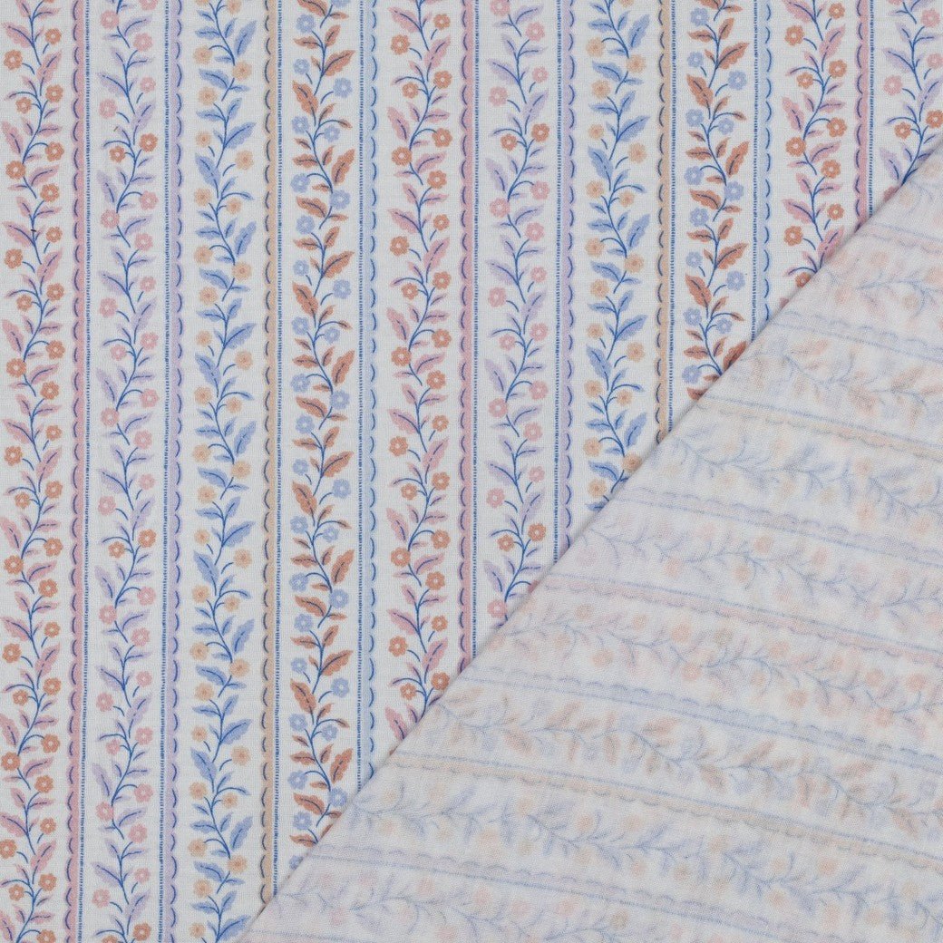 Image of Muslin - blue striped leaf pattern 120 g/m² – available at Charlote Fabrics