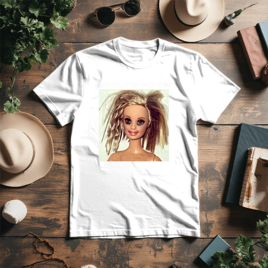Image of organic cotton T-shirt “Mentally on vacation” – available online at Šarlotes audumi