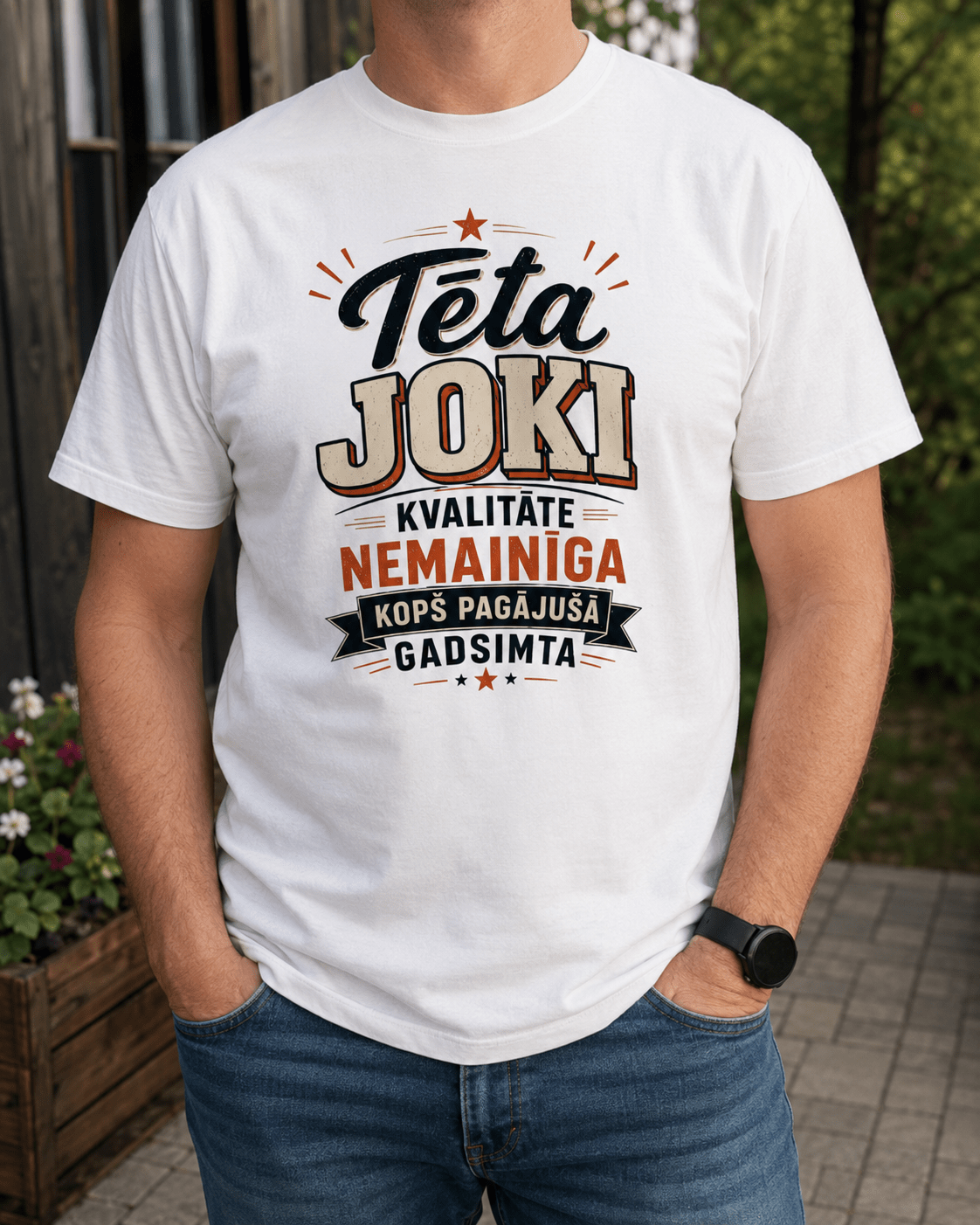 Image du T-shirt en coton biologique « blagues de papa » – disponible en ligne chez Šarlotes audumi