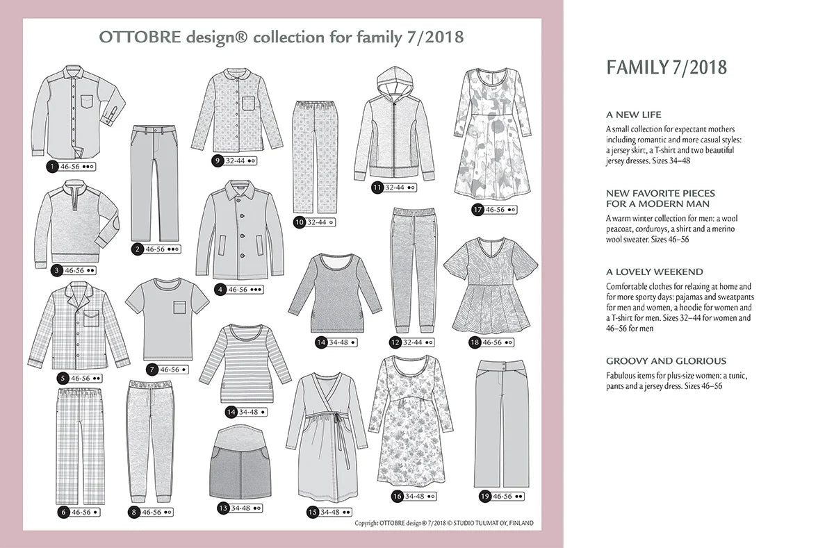Attēls ar OTTOBRE Design Family – šūšanas žurnāls ar piegrieztnēm angļu valodā – pieejams internetā Šarlotes audumi