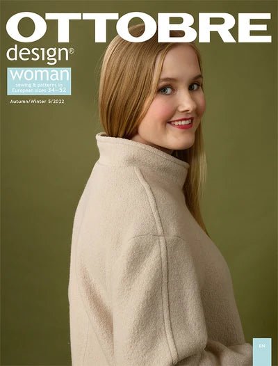 Attēls ar OTTOBRE design Woman 5/2022 – sieviešu apģērbu piegrieztņu žurnāls angļu valodā – pieejams internetā Šarlotes audumi