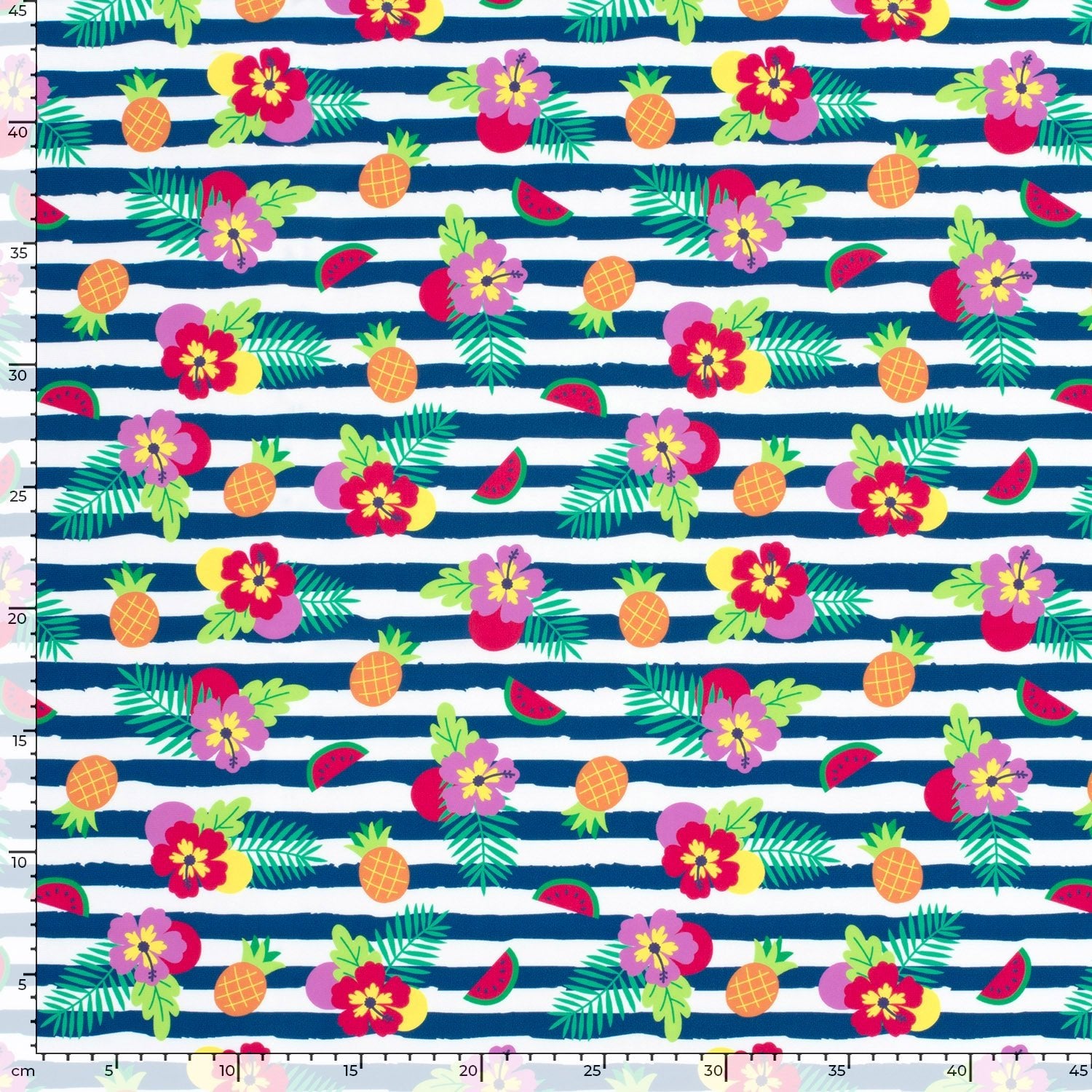 Image of swimwear lycra fabric with UPF50 protection – tropical motif in stripes 200 g/m² – available at Šarlotes audumi