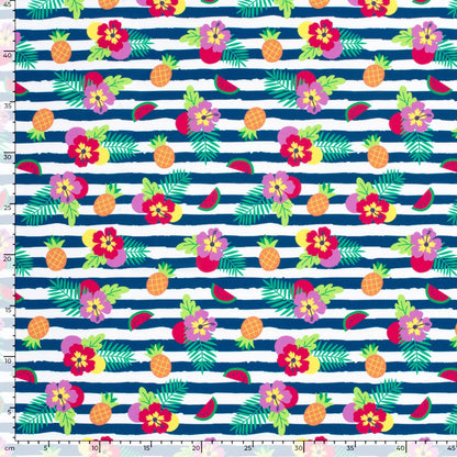 Image of swimwear lycra fabric with UPF50 protection – tropical motif in stripes 200 g/m² – available at Šarlotes audumi
