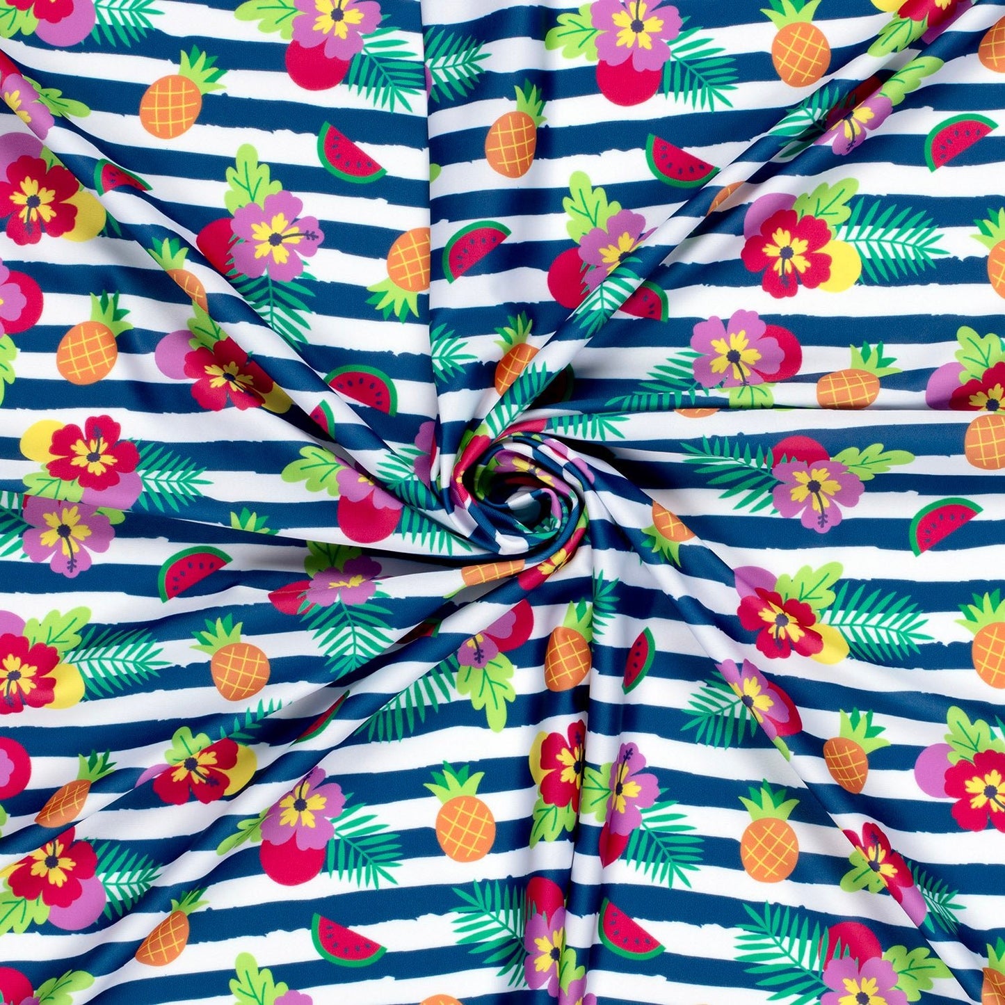 Image of swimsuit lycra fabric with UPF50 protection – tropical striped motif 200 g/m² – available at Šarlotes audumi