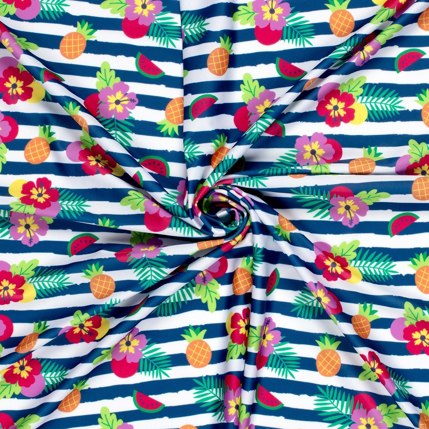 Image of swimsuit lycra fabric with UPF50 protection – tropical striped motif 200 g/m² – available at Šarlotes audumi