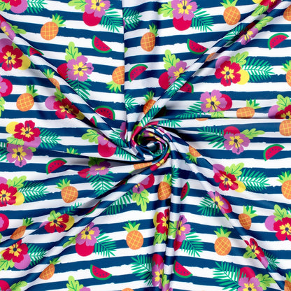 Image of swimsuit lycra fabric with UPF50 protection – tropical striped motif 200 g/m² – available at Šarlotes audumi