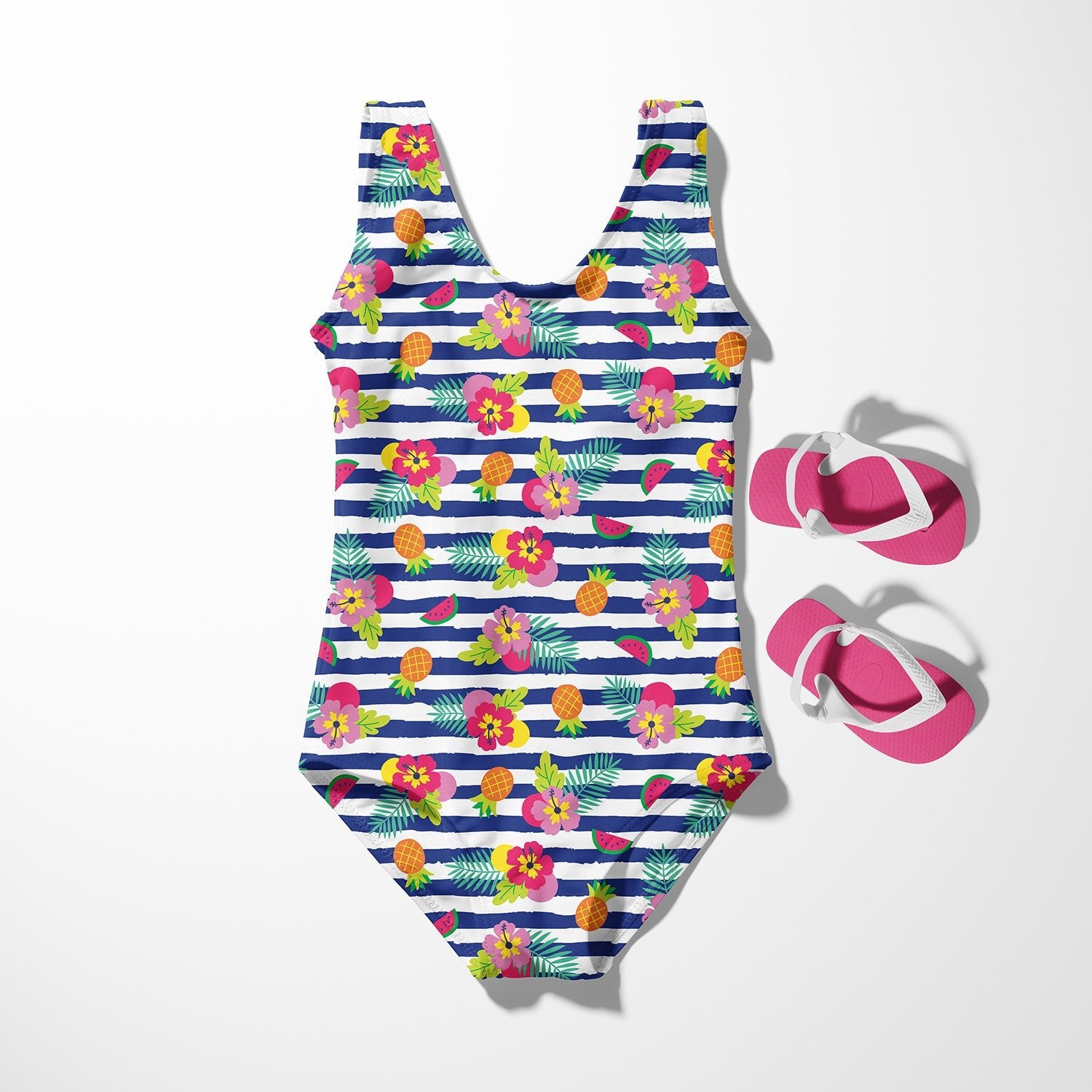 Image of swimsuit fabric with UPF50 protection – tropical striped motif 200 g/m² – available at Charlote's Fabrics