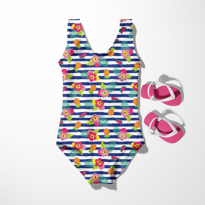 Image of swimsuit fabric with UPF50 protection – tropical striped motif 200 g/m² – available at Charlote's Fabrics