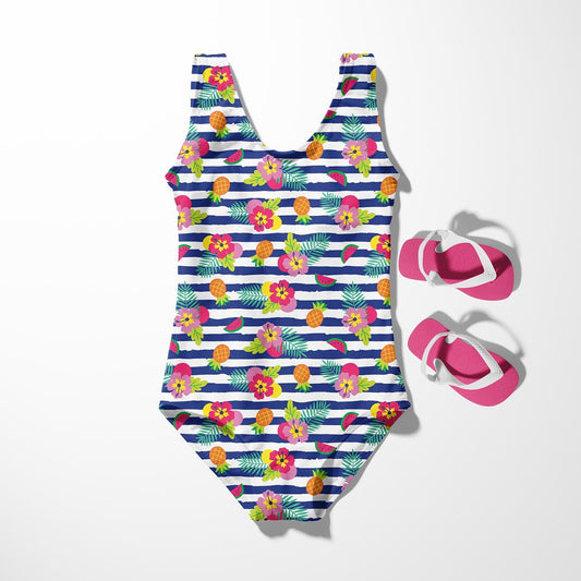 Image d’un tissu de maillot de bain en lycra avec protection UPF50 – motif tropical en lignes 200 g/m² – disponible chez Šarlotes audumi
