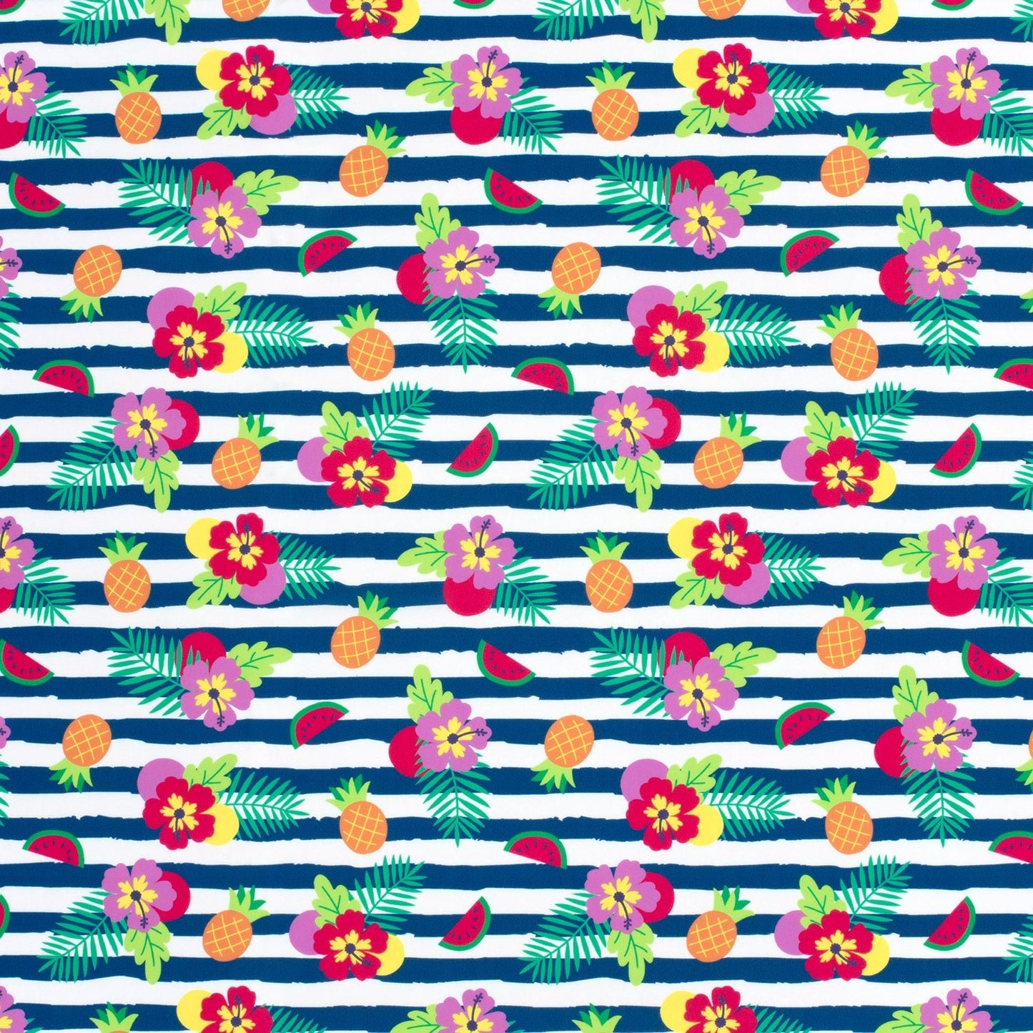 Image of swimsuit lycra fabric with UPF50 protection – tropical striped motif, 200 g/m² – available at Charlotte's Fabrics