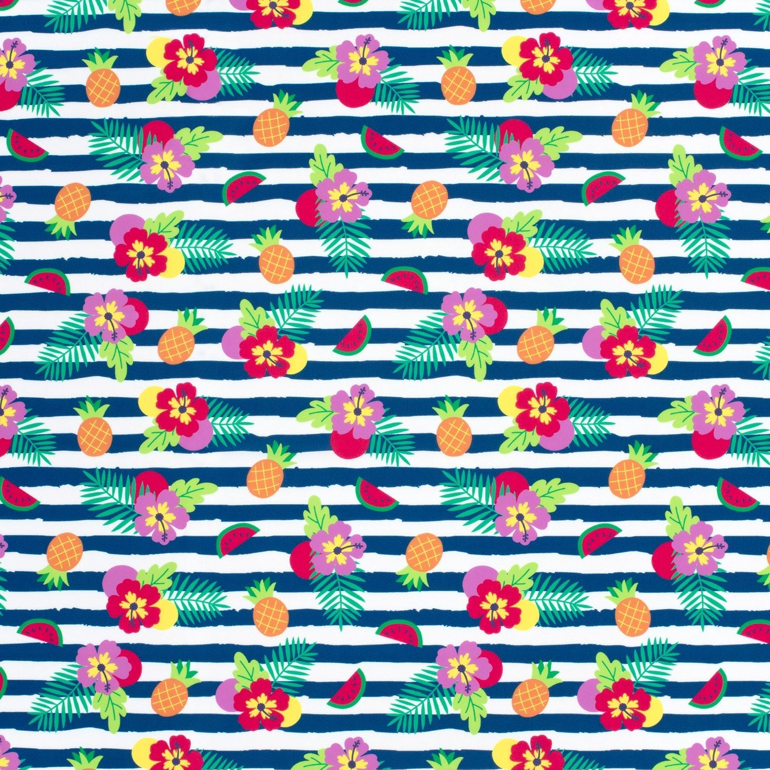 Image of swimsuit lycra fabric with UPF50 protection – tropical striped motif, 200 g/m² – available at Charlotte's Fabrics