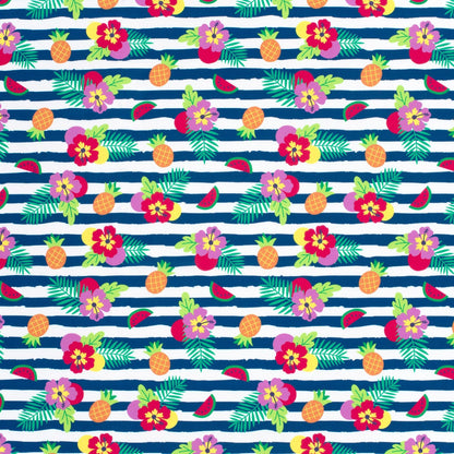 Image of swimsuit lycra fabric with UPF50 protection – tropical striped motif, 200 g/m² – available at Charlotte's Fabrics