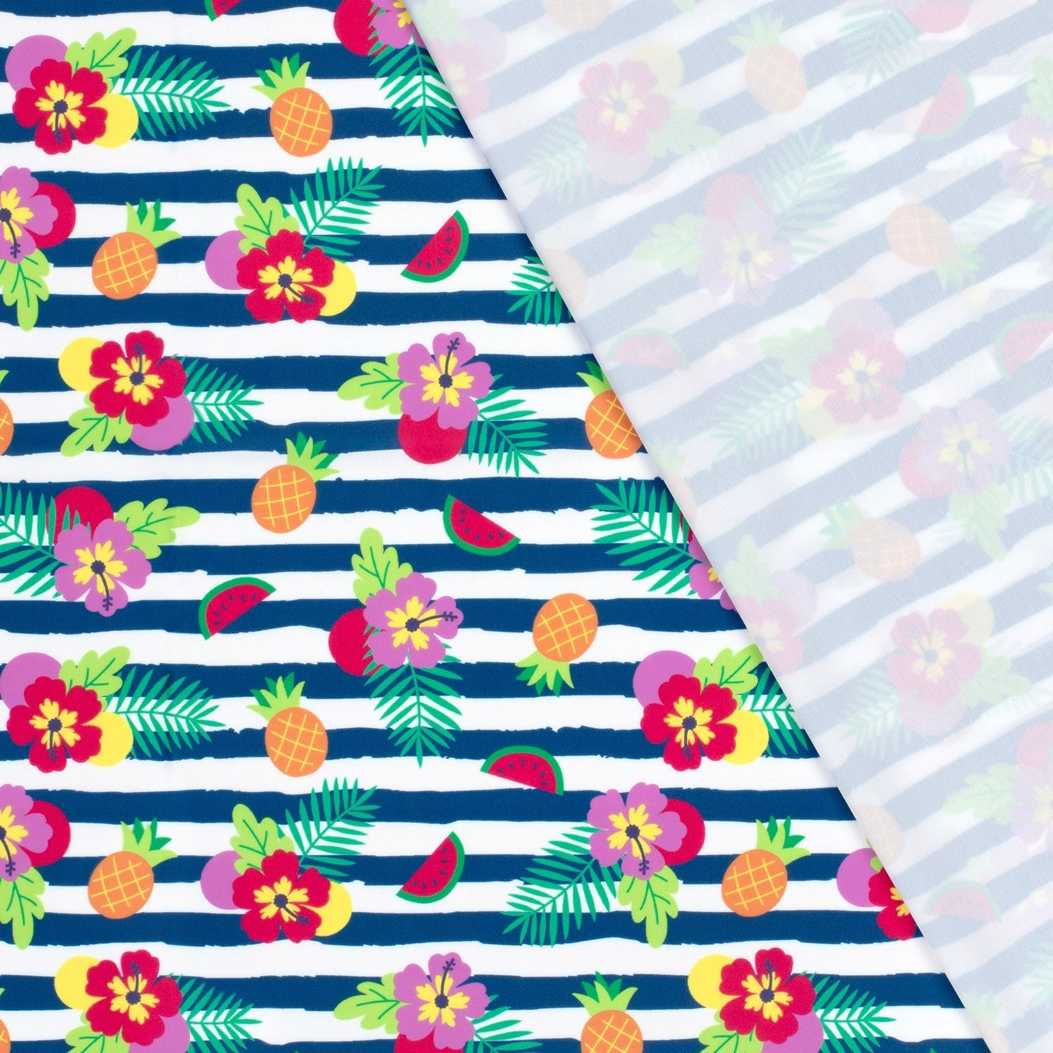 Image of swimwear lycra fabric with UPF50 protection – tropical motif in stripes 200 g/m² – available at Šarlote Audumi