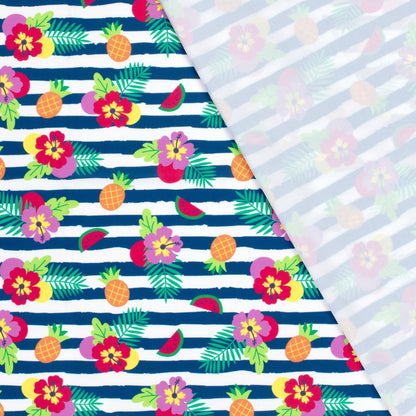 Image of swimwear lycra fabric with UPF50 protection – tropical motif in stripes 200 g/m² – available at Šarlote Audumi