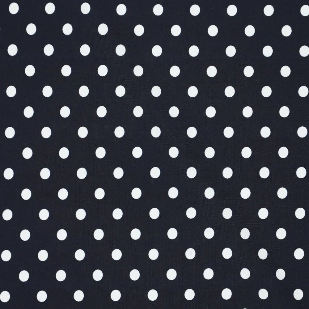 Image with swimsuit Lycra fabric - polka dots on dark blue 155 g/m² – available at Šarlotes audumi