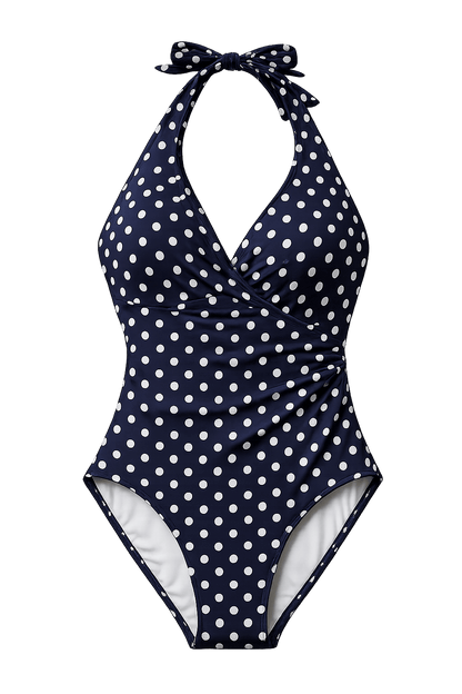 Image with swimwear lycra fabric - polka dots on dark blue 155 g/m² – available at Šarlotes audumi