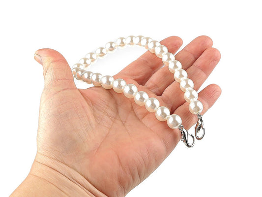 Image of pearl handle for a bag and phone pouch, 30 cm – white/nickel – available online at Šarlotes audumi