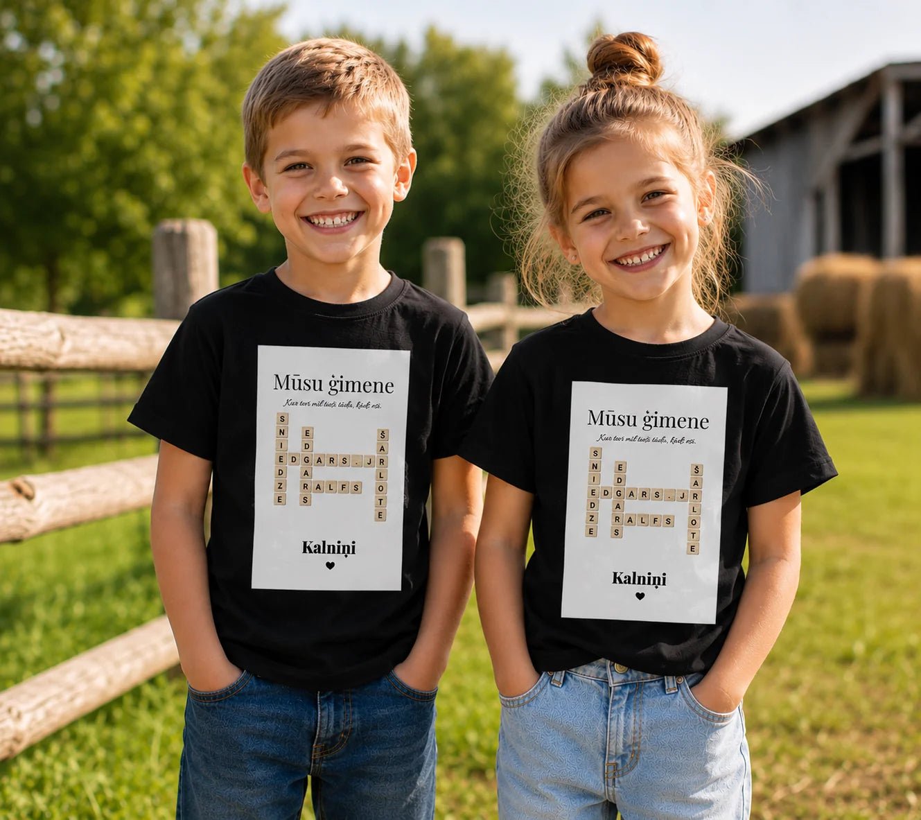 Image of personalized family T-shirt in Scrabble style, children's size – available at Šarlotes audumi