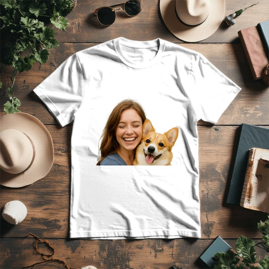 Image of personalized T-shirt with your photo and your pet’s photo – available online Šarlotes audumi
