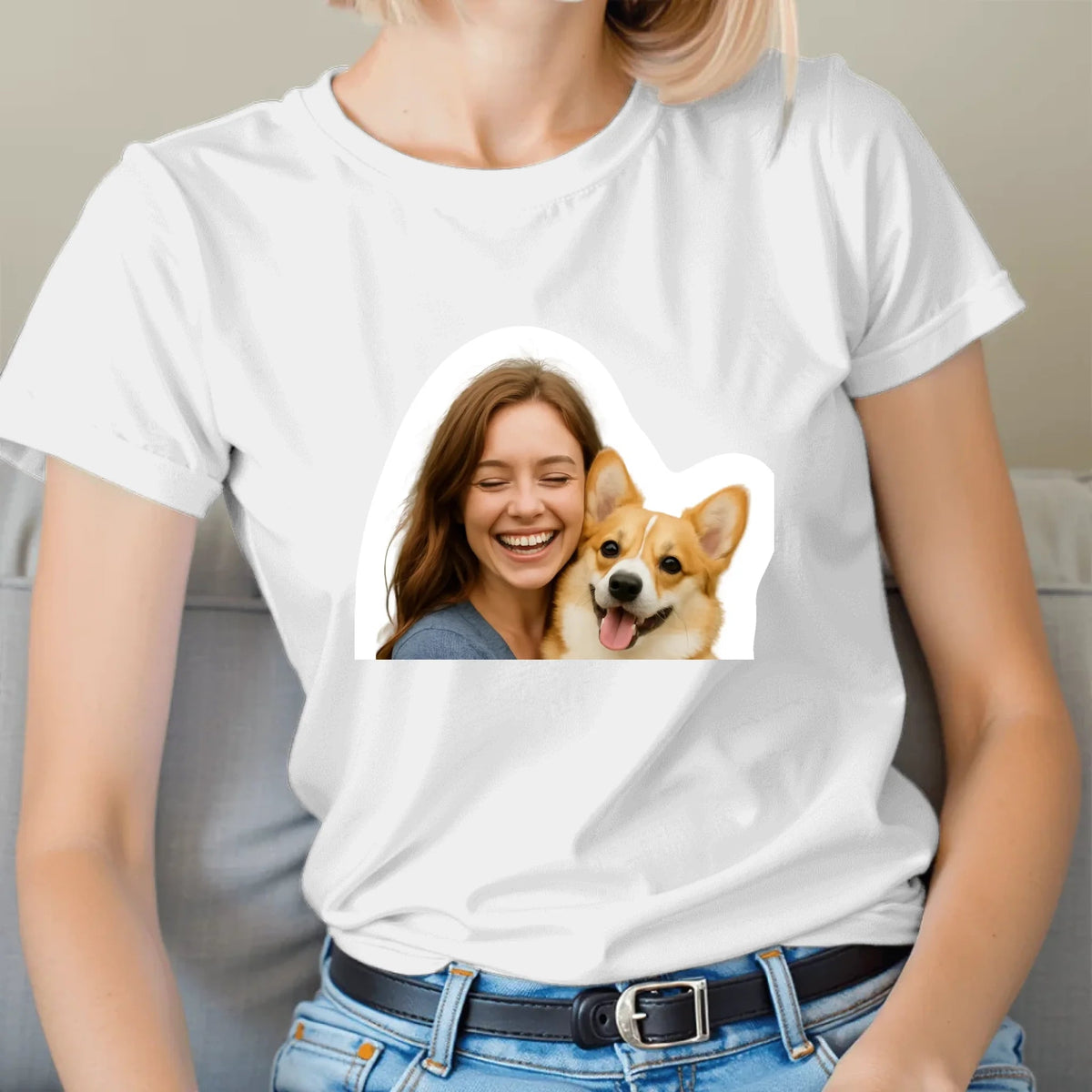 Image of personalized T-shirt with your photo and your pet’s photo – available online Šarlotes audumi