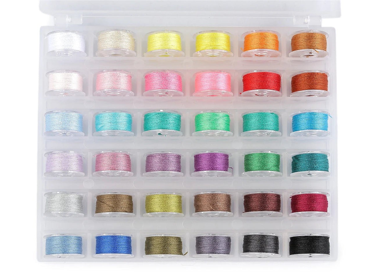 Image of a plastic box with thread spools – available online at Šarlotes audumi