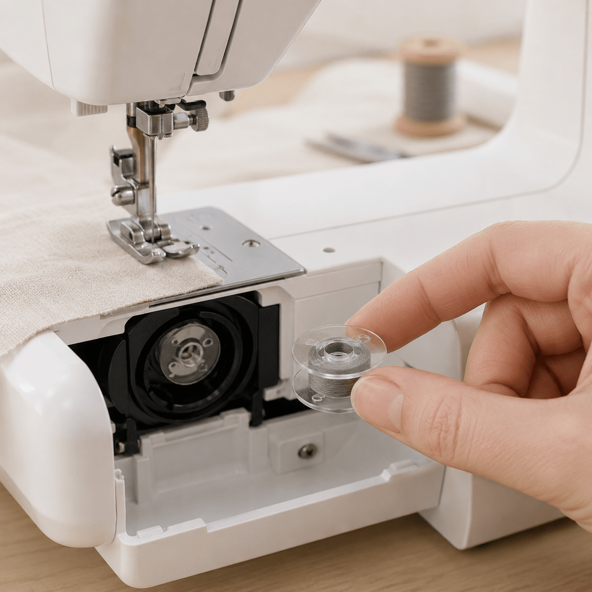 Image of flat plastic bobbins for sewing machines Ø 20.4 mm, set of 10 – available online at Šarlotes audumi