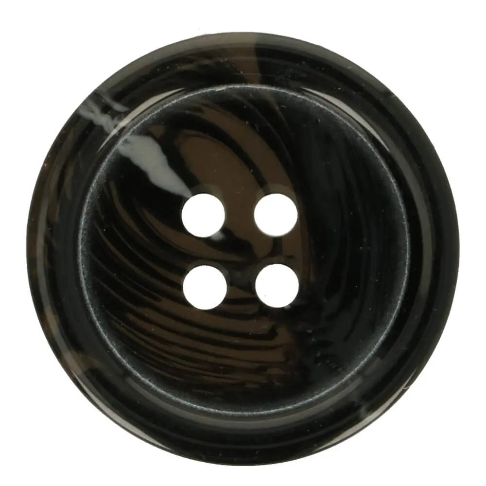 Image of four-hole buttons for a suit jacket - black with brown - available online at Charlotte's Fabrics