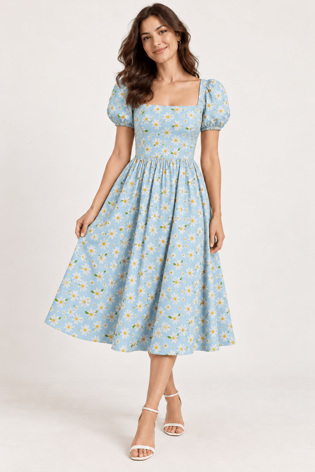 Image of poplin daisies on blue – available online at Šarlotes audumi