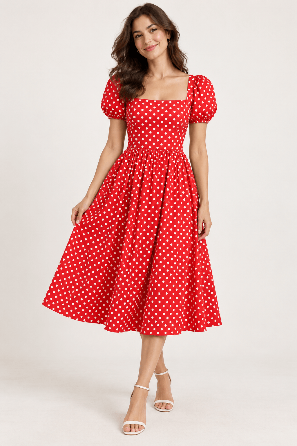 Image of poplin dots on a red background – available online at Šarlotes audumi
