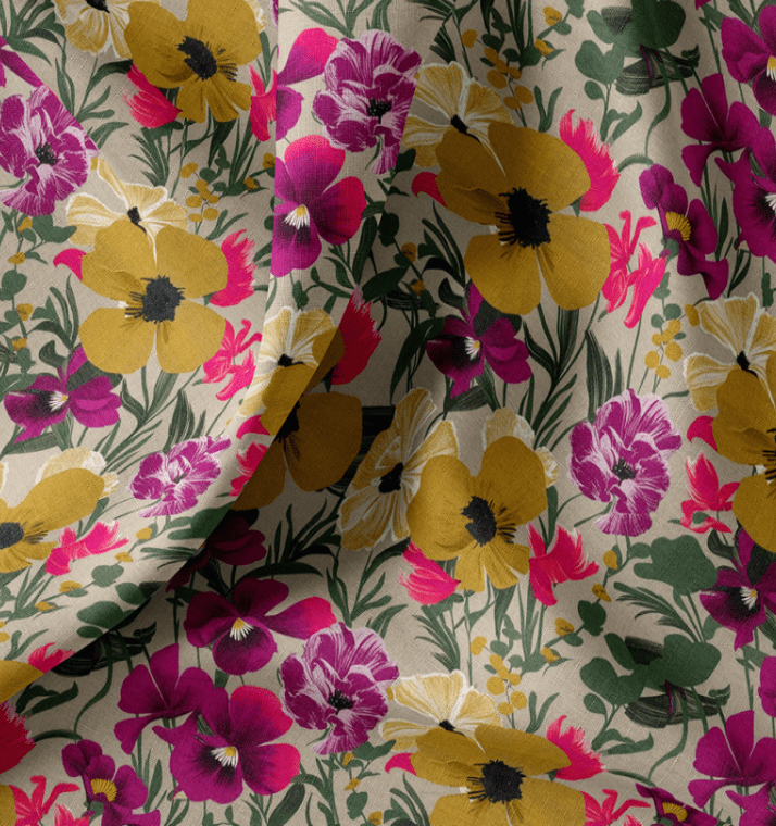 Image of Premium 100% cotton fabric with pansies – available online at Šarlotes audumi