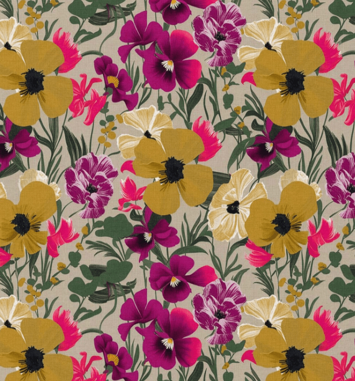 Image of Premium 100% cotton fabric with pansies – available online at Šarlotes audumi