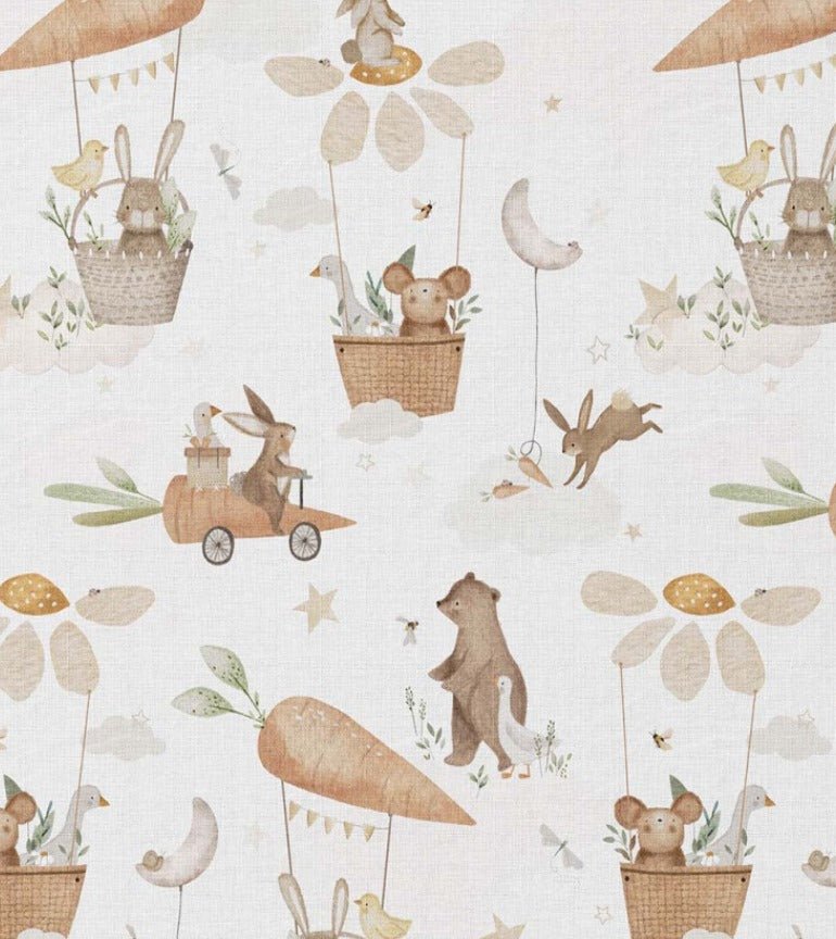 Image avec tissu premium 100 % coton - lapins aux longues oreilles et carottes 115 g/m² – disponible chez Šarlotes audumi