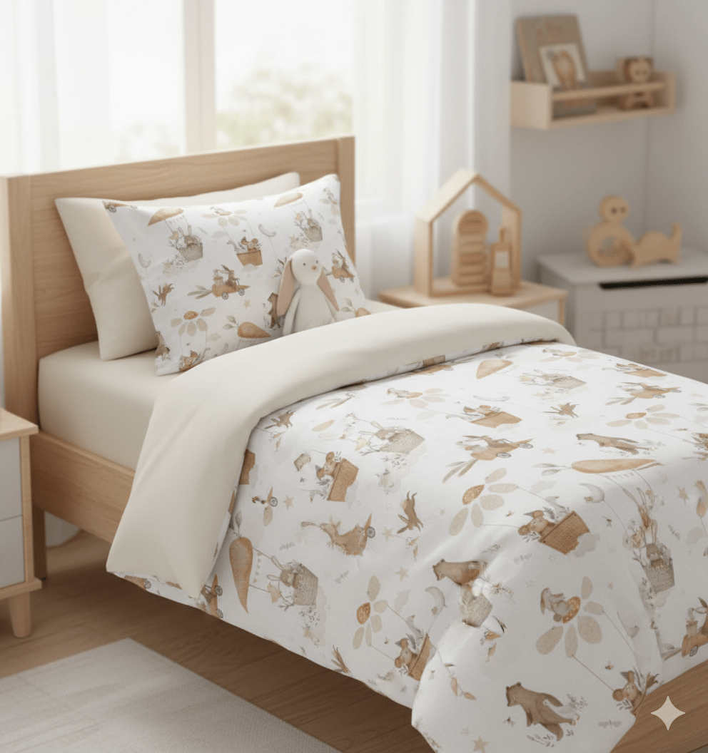 Image du tissu Premium 100 % coton - lapins aux longues oreilles avec des carottes 115 g/m² – disponible chez Šarlotes audumi