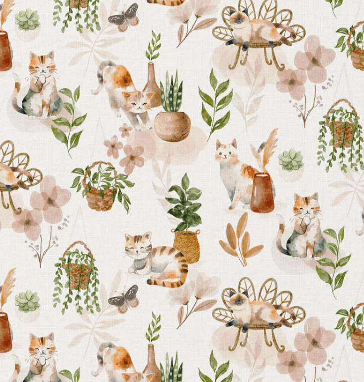 Premium 100% cotton fabric with cats and houseplants – available online, Charlotte's Fabrics