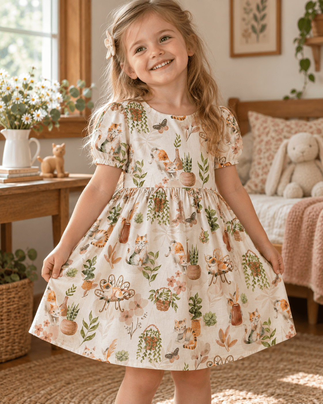 Premium 100% cotton fabric with cats and houseplants – available online, Charlotte's Fabrics