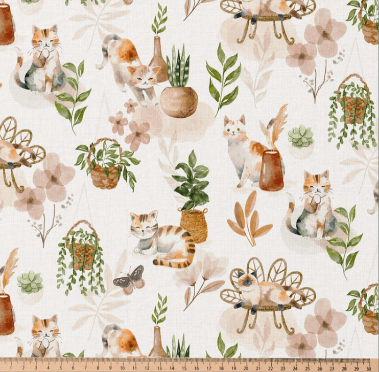 Premium 100% cotton fabric with cats and houseplants – available online, Charlotte's Fabrics