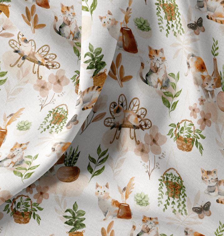Premium 100% cotton fabric with cats and houseplants – available online, Charlotte's Fabrics