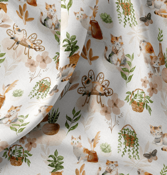 Premium 100% cotton fabric with cats and houseplants – available online, Charlotte's Fabrics