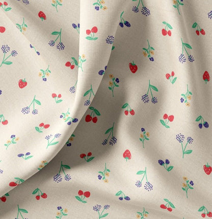 Image of premium 100% cotton fabric - cherries and flowers 115 g/m² – available at Šarlotes audumi