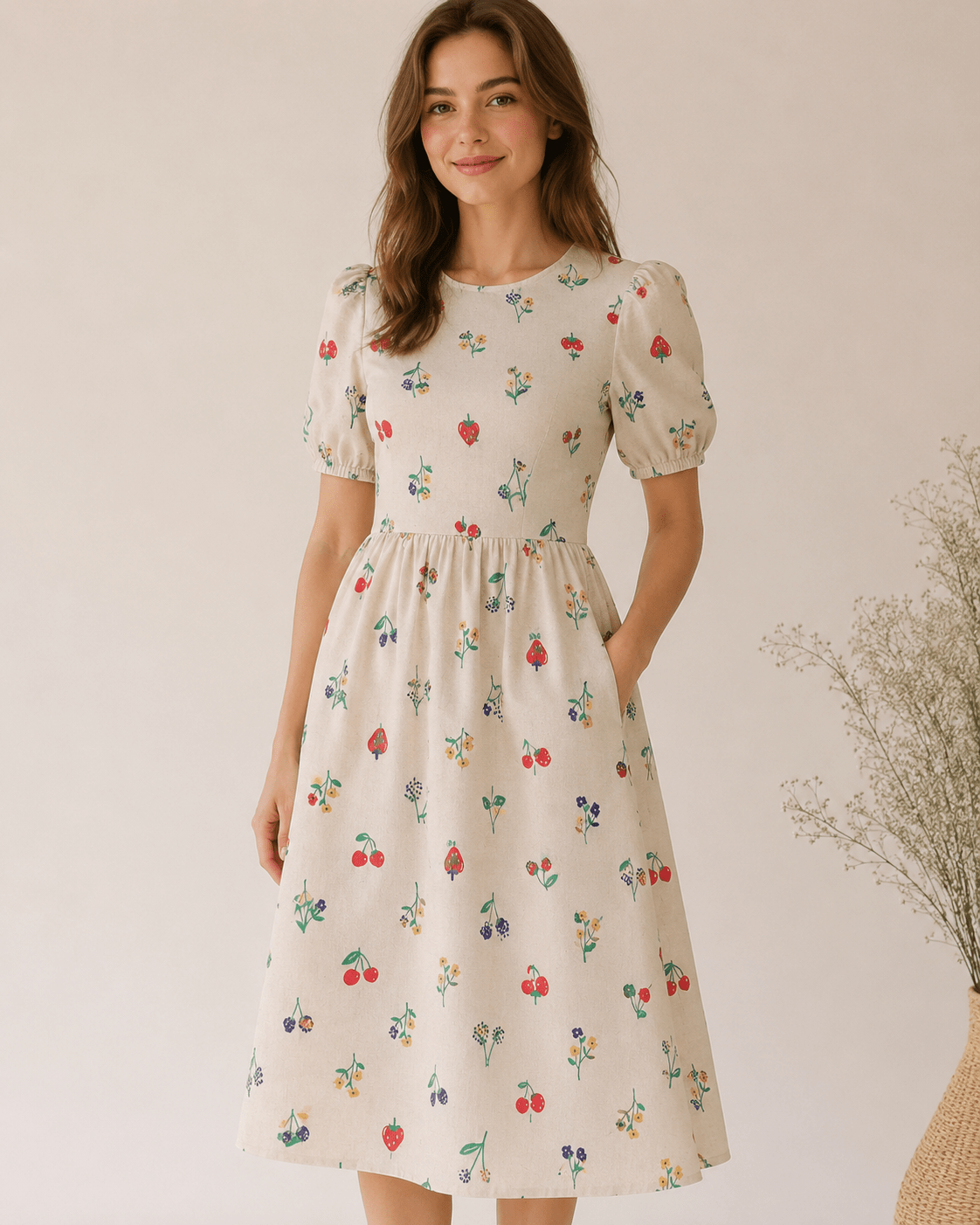 Image with premium 100% cotton fabric - cherries and flowers, 115 g/m² – available at Šarlotes audumi
