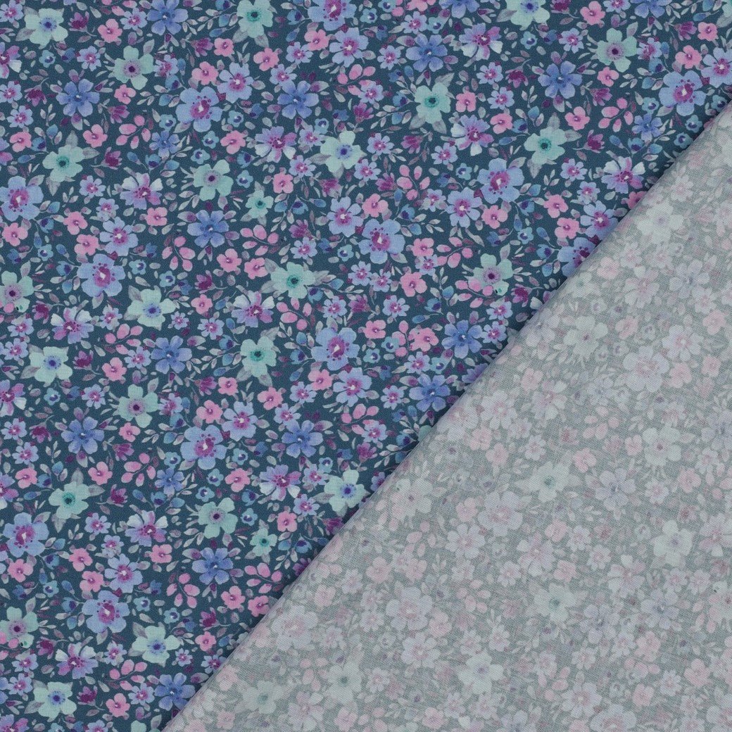 Image of premium 100% cotton fabric - small flowers on petrol 110 g/m² – available at Šarlotes audumi