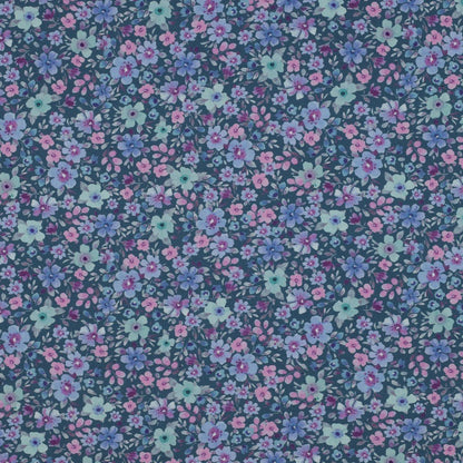 Image with premium 100% cotton fabric - small flowers on petrol 110 g/m² – available at Šarlotes audumi