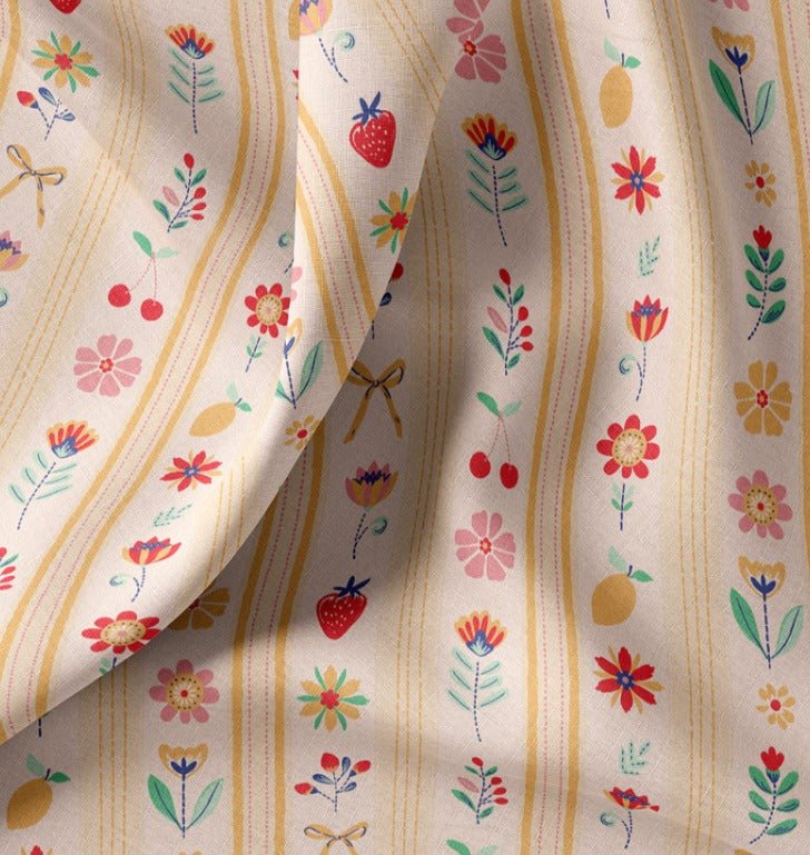 Image of premium 100% cotton fabric with line ornaments, 115 g/m² – available at Šarlotes audumi