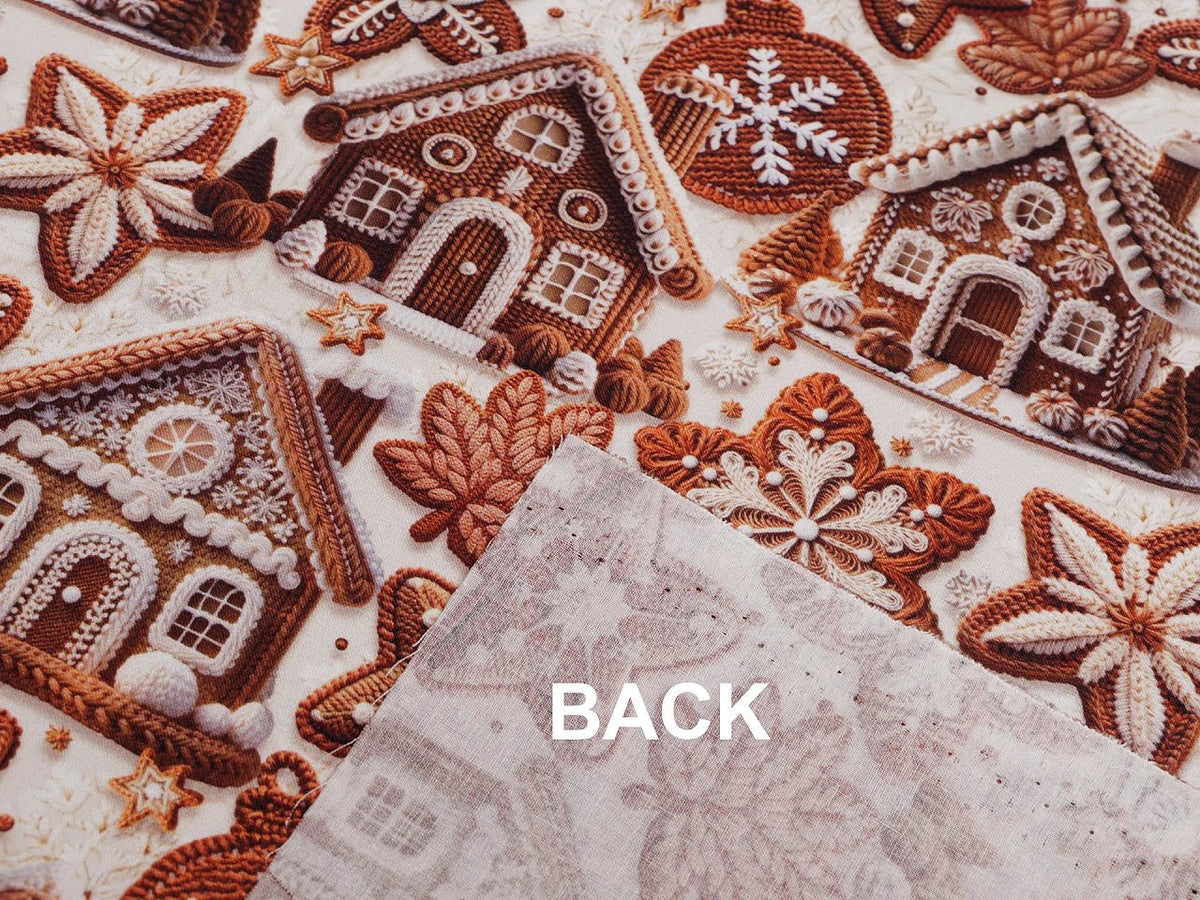 Image of Premium 100% cotton gingerbread house fabric, available online at Šarlotes audumi
