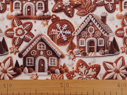 Image of Premium 100% cotton gingerbread house fabric, available online at Šarlotes audumi