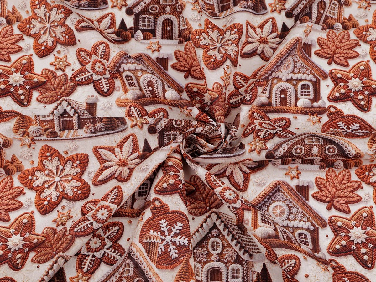 Image of Premium 100% cotton gingerbread house fabric, available online at Šarlotes audumi