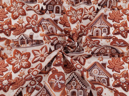 Image of Premium 100% cotton gingerbread house fabric, available online at Šarlotes audumi