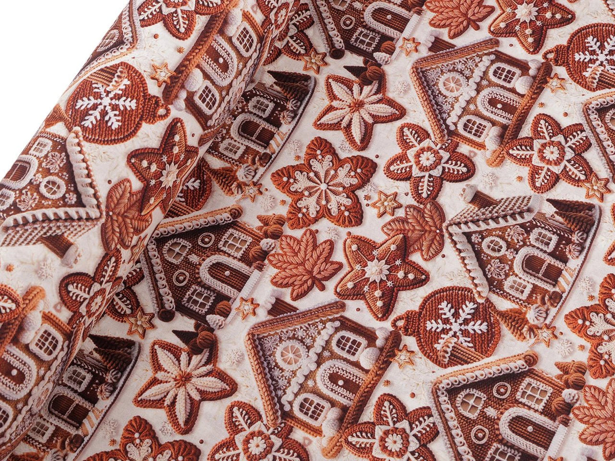 Image of Premium 100% cotton gingerbread house fabric, available online at Šarlotes audumi